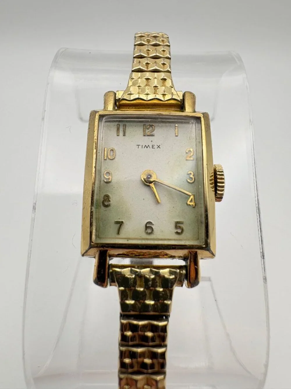 Vintage Timex Womens Rectangular Mechanical Watch Gold Tone Speidel Stretch Band